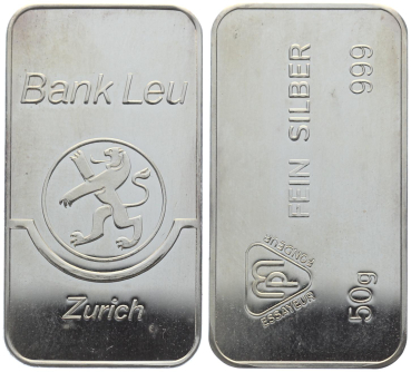 50 Gramm Silberbarren Bank Leu